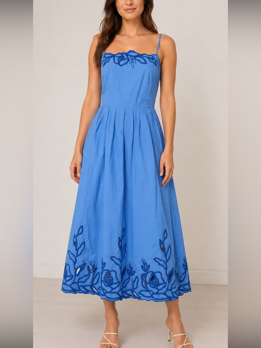 Women’s Blue Cotton Embroidered Eyelet Maxi Dress M 8-10 Floral Scalloped NWT